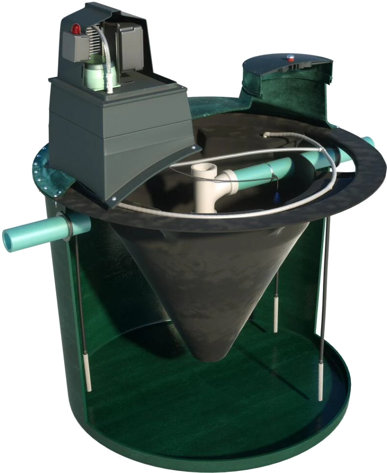 Hydro-Action AP Series aerobic treatment unit, cutaway showing the clarifier cone and aeration compartment