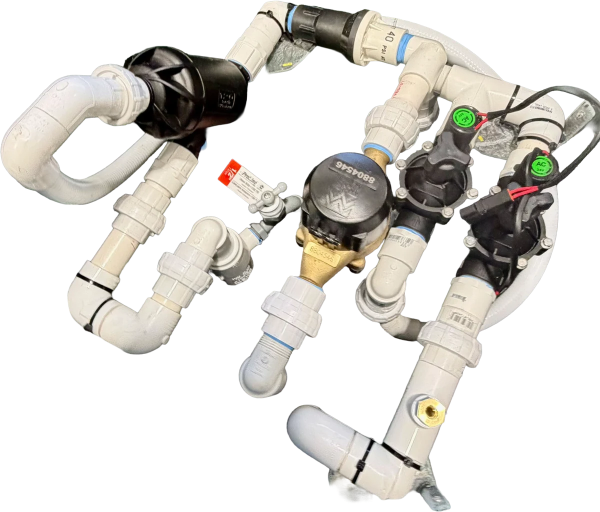 Drip headworks assembly with flow meter, pressure gauge, disc filter, zone valves and wiring harness