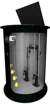 Packaged lift station basin, cutaway showing twin pumps on guide rails with float assembly and discharge piping