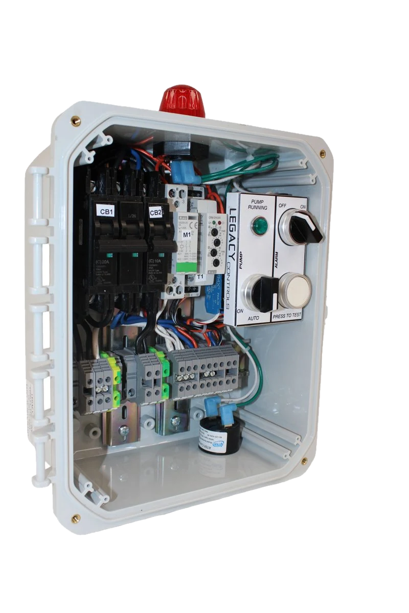 Simplex control panel interior showing ELKO EP contactor and timer, breakers and terminal rail