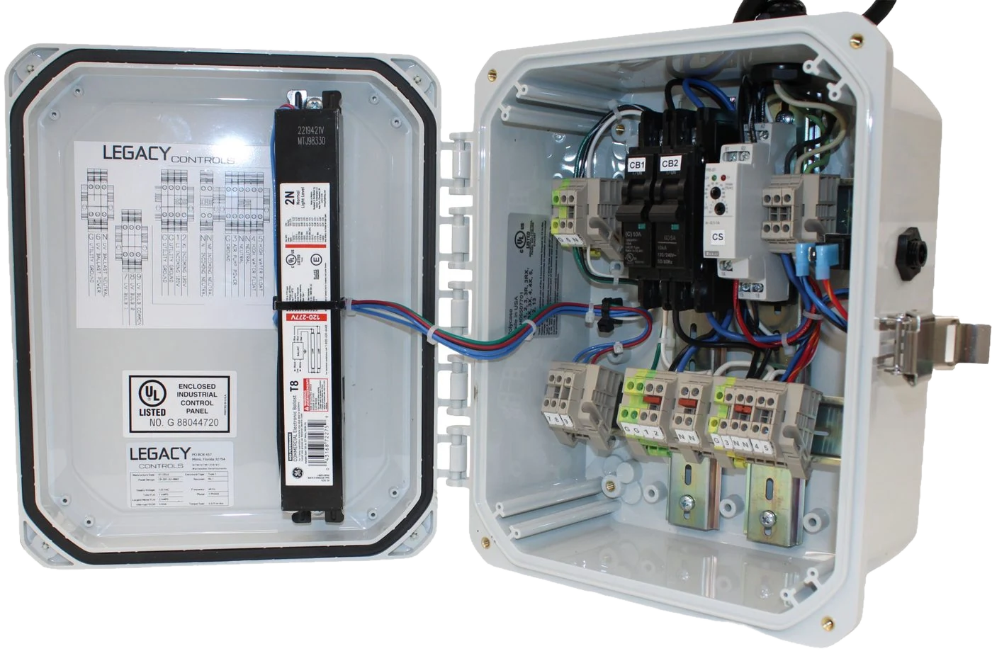 UV disinfection control panel, both doors open, showing the lamp ballast, breakers, terminal blocks and the printed terminal legend